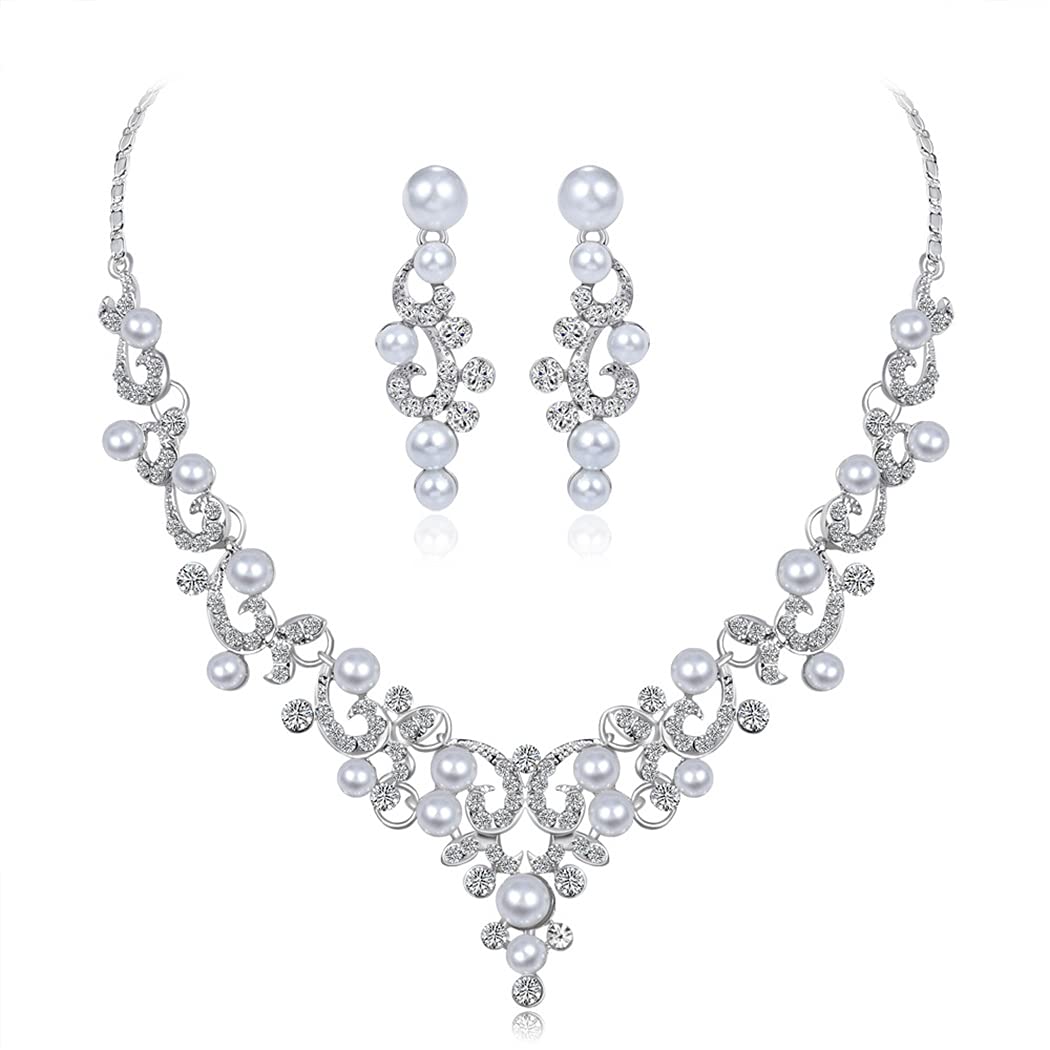 UshinyWedding Bride Jewellery Set Silver Crystal Pearl Necklace Earrings Set Dangel Earring Set for Women and Girls