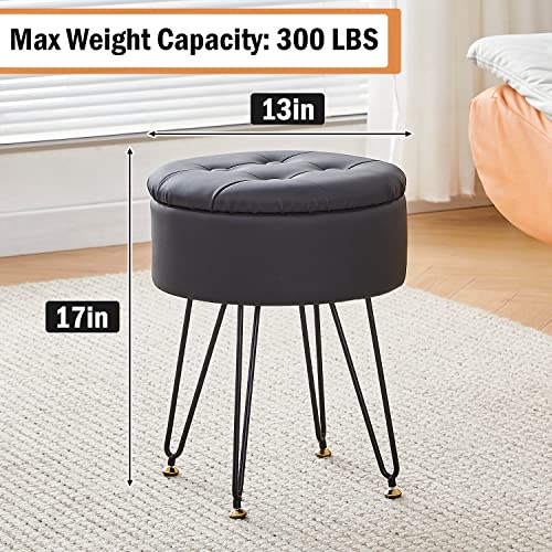Image of Cpintltr Faux Leather Storage Ottoman Round Footrest Stool Multifunctional Upholstered Ottoman with Metal Legs Modern Vanity Stools Tray Top Coffee Table Suitable for Living Room Bedroom Black