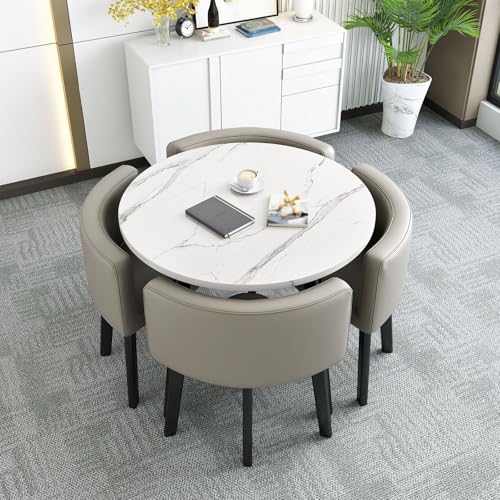 XYWGBMS Modern Round Dining Table Set for 4 with Metal Base and Imitation Marble Tabletop Space Saving Kitchen Dining Set with 4 Soft Cushioned Chairs for Dining Room.,Table and Leather chair11