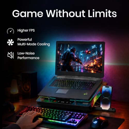 Image of Portronics AeroDock Pro Laptop Cooling Pad with High-Speed Fan, 115 CFM Airflow, 10 RGB Lighting Modes, Built-in Phone Holder, Adjustable Height, Noiseless Fans and Dual USB Ports, Black