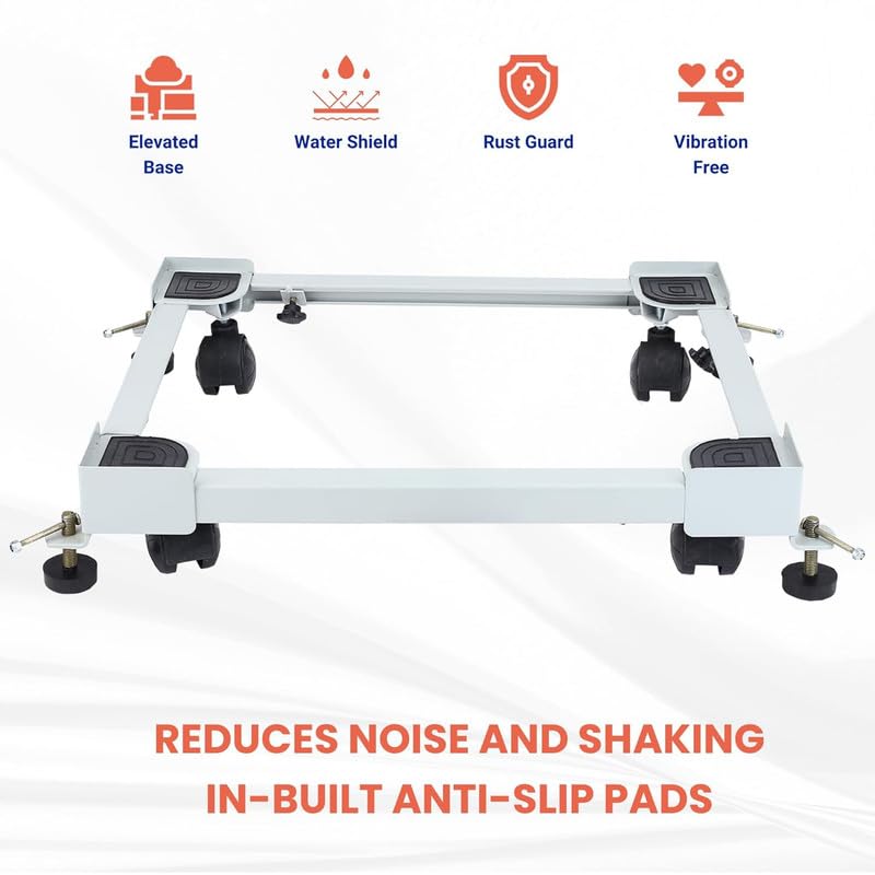 Image of CARE N TOUCH Adjustable Washing Machine Stand with Wheels | Front & Top Load 7kg-10kg | Fridge & Cooler Stand | Anti-Vibration Rust-Proof Metal Base | Up to 170 KG White