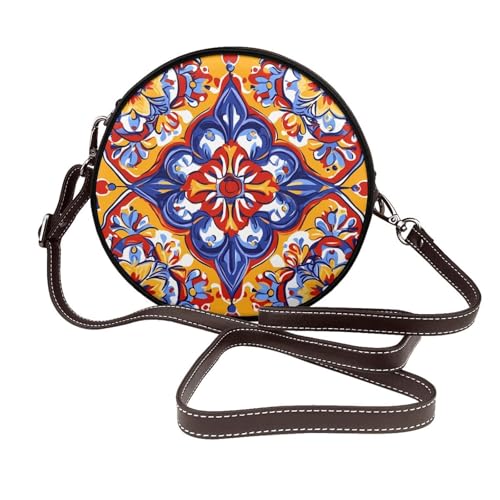 Sac à bandoulière rond Mandala en cuir végétalien coloré avec sa sangle réglable