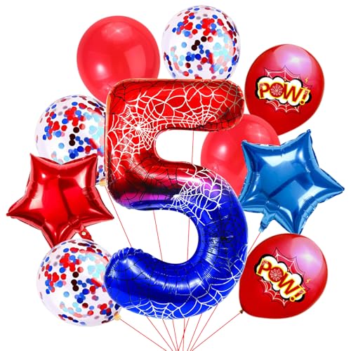 Ballon Decoration Anniversaire Araignée, 10 Pièces Spider Ballons en Aluminium, Étoiles Ronds Chiffres Ballons, Ballon Aluminium Rouge Bleu pour Enfants Décorations de Fête à Thème (5 Ans)