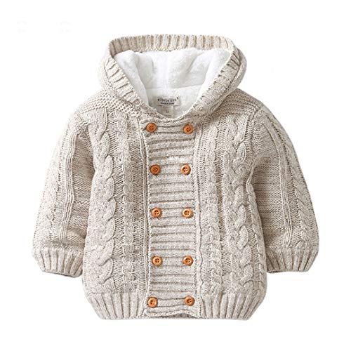 Baby Boys Hooded Cardigan Jacket Long Sleeve Fleece Lined Knitted Sweater Khaki 24m