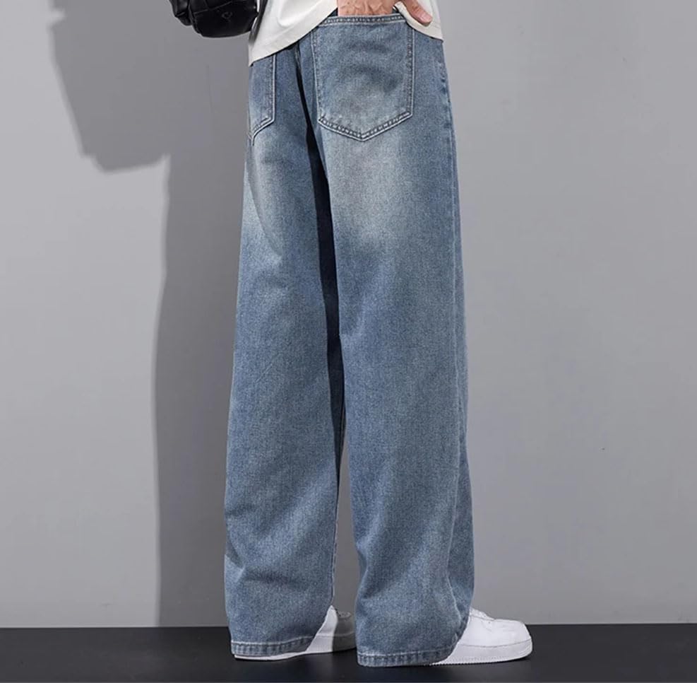 Men’S Wash Jeans Mid Waist Loose Fit Straight Leg Denim Pants Streetwear Style Zipper Fly Jeans4