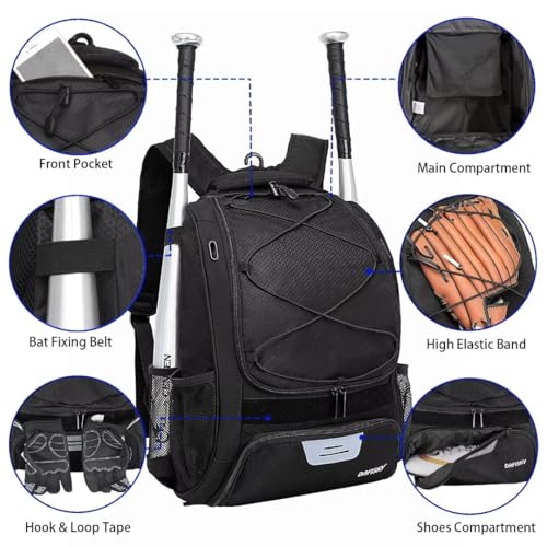 Dafisky Baseball Bag Softball Backpack - Youth Adult T Ball Bat Equipment Accessories Bag With Hook Shoe Compartment Waterproof Black thumb #4