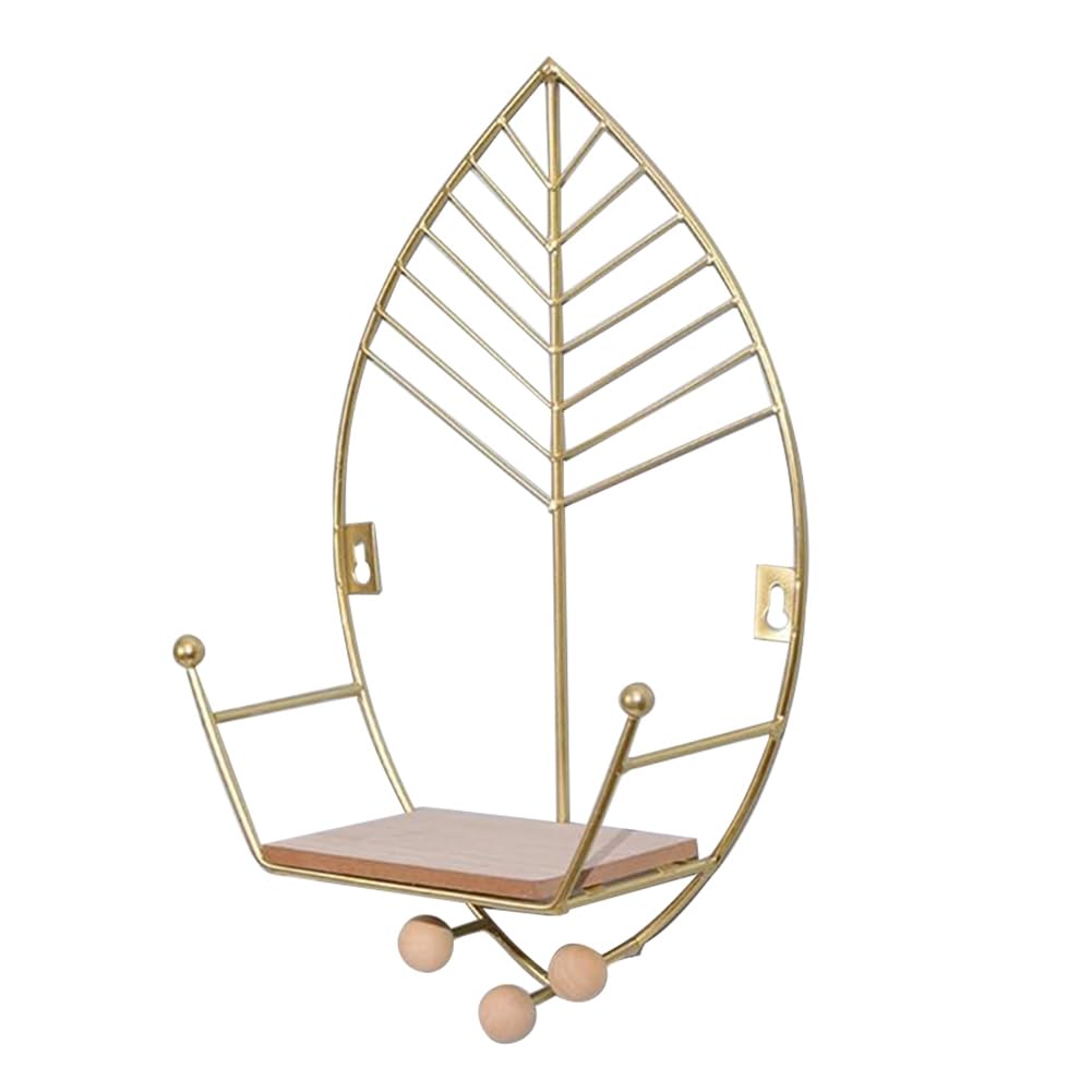 CTRLZS Leaves Shape Floating Shelves Metal Wall Decor,Wood Wall Mounted Storage Shelf Home Decorations Art for Bedroom Gold