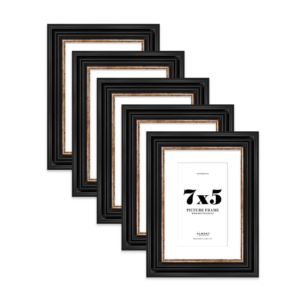 7x5 Black and Gold Picture Frame - 7x5 Frame with 5x3 Mount for 7x5/5x3 Pictures Art Deco Style Photo Display, 5 Pack