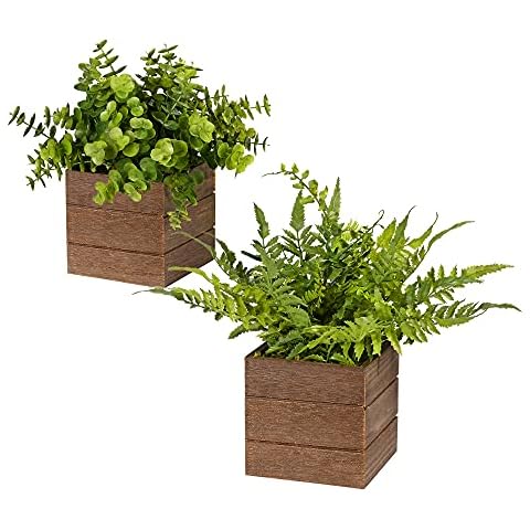 Vlorart Small Fake Plants, 2Pack Mini Potted Artificial Plastic Boxwood Fern Green Decorative Plant in Wooden Potted, Fake Desk Plant for Farmhouse Home Decor Office Bathroom Desk Room Indoor Outdoor Cover