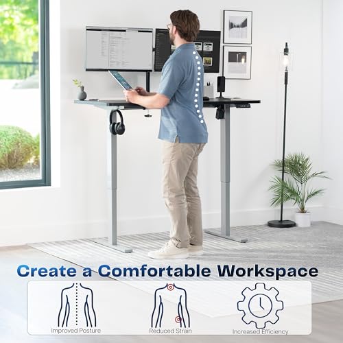 Image of VIVO Black 55 x 28 in Standing Desk, DESK-KIT-1G55B | Electric, Holds 220 lbs, Sit Stand, Height Adjustable, Solid One-Piece Table Top, Memory Presets, 1B Series, Gray Frame