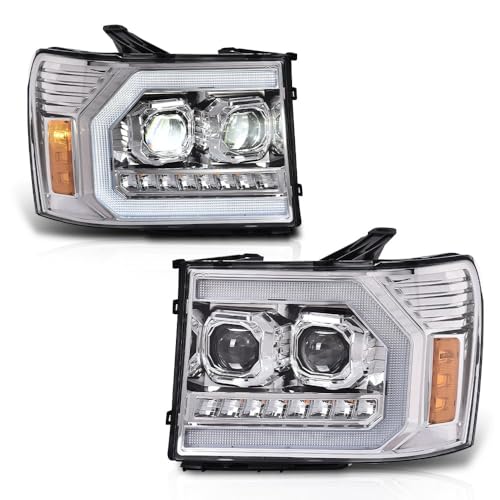 Image of GRAND ORANGE LED DRL Headlights Assembly Compatible with GMC Sierra 1500 2007-2013, Fit Sierra 2500HD 3500HD 07-14 22853030, 20980241, 20980242 Headlamps Clear Lens Chrome Housing Amber reflector