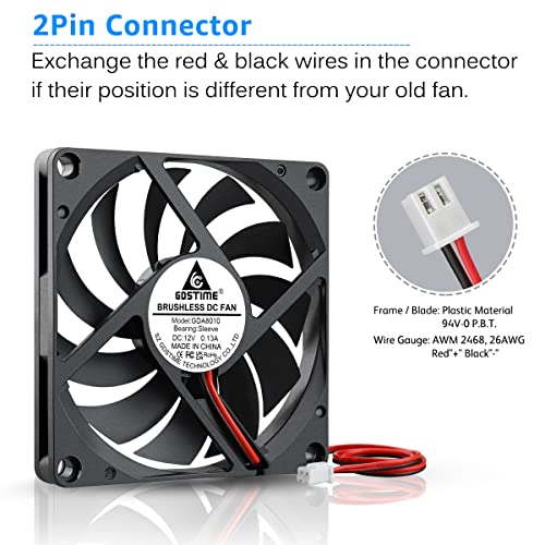 Image of GDSTIME Ultrathin 80mm x 80mm x 10mm 12V Brushless DC Cooling Fan for Laptop, Desktop, Server, Gaming Console, Router, Printer, Amplifier, Inverter