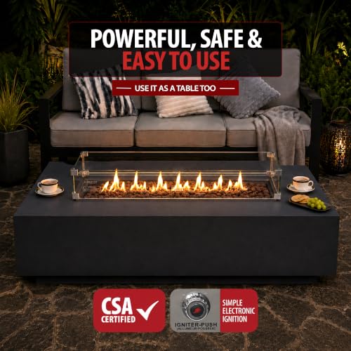 Image of AMS Creations | Madison 60 inch Bundle Rectangular Propane Gas Outdoor Fire Pit Table | Dark Gray Concrete GFRC | Smooth Texture or Surface | Electronic Ignition | Outside Backyard Fireplace