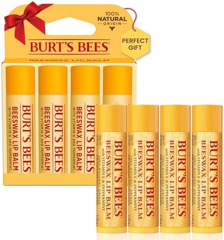 Burt's Bees Lip Balm Stocking Stuffers, Moisturizing Lip Care Christmas Gifts, Original Beeswax with Vitamin E & Peppermint Oil, 100% Natural (4-Pack)
