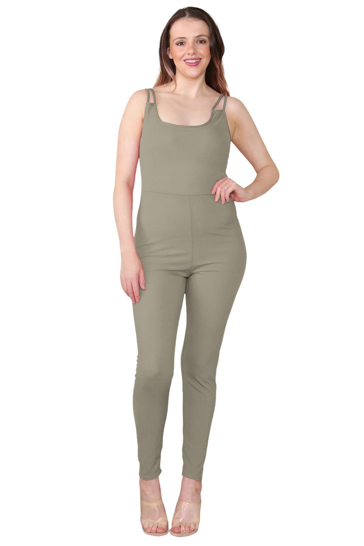 Hamishkane Women's Khaki Double Straps Ribbed Cami Jumpsuit All In One Unitard Skinny Romper Playsuit