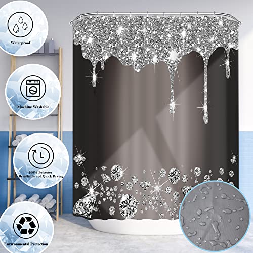 4 Pcs Glitter Diamond Shower Curtain Sets, Black Silver Shiny Drips Bath Decor With Rug And Toilet Lid Cover, Deep Grey Luxury Texture Colorful Bling Modern Bathroom Curtain With 12 Hooks, 72 X 72 In #TOP4