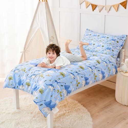 Image of lasoftan Dinosaur Toddler Bedding Set for Boys, 4 Piece Bed-in-a-Bag Toddler Comforter Sets, Super Soft and Comfortable Microfiber Todeeler Bed Set
