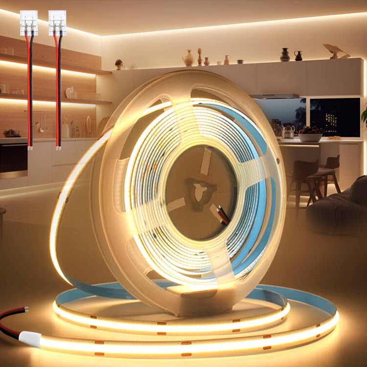 BRIMETI Luces LED COB Tira LED 12V 5M Autoadhesivo Luz Blanco Caldo 3000K Luces 320LED/M Flexible Cortable Ancho 8mm Con Conector, para Dormitorio Sala Gabinete Estar (Sin Fuente de Alimentación)