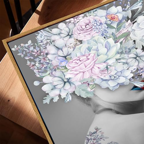Image of Modern Floral Abstract Portrait Framed Canvas Painting For Living Room | Surreal Flower Woman Wall Art For Livingroom Wall Decor, Home Decor, Bedroom, Hallway's, Office, Hotel - 43x58 cm