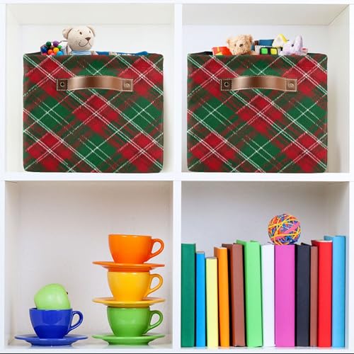 Image of Christmas Buffalo Plaid Storage Basket with Waterproof Liner and PU Handles Winter Green Red Checked Storage Bins Boxes 14.2 inch Collapsible Decorative Organizer Baskets for Bedroom Closet Office 1 Pack