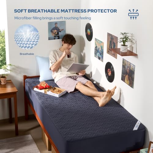 Image of BEDLORE 2 Pack Waterproof Mattress Protector, Twin XL Size Mattress Pad with Deep Pocket 6 inch-15 inch Depth, Soft Breathable Bed Mattress Cover for Bedroom, College Dorm (Navy Blue)