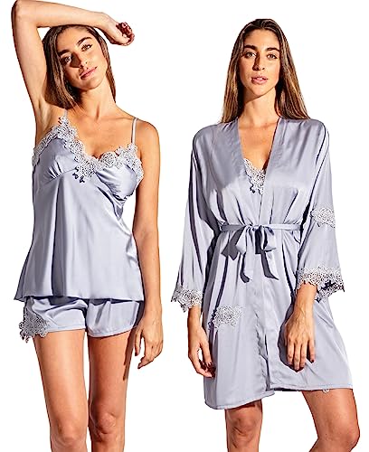 Laura in - 5 Piezas Conjunto Pijamas de Seda satén con Encaje Bordado, Ropa de Dormir para Mujer, Bata, camisón, Top, Cortos y Pants Largos-1108GrisS