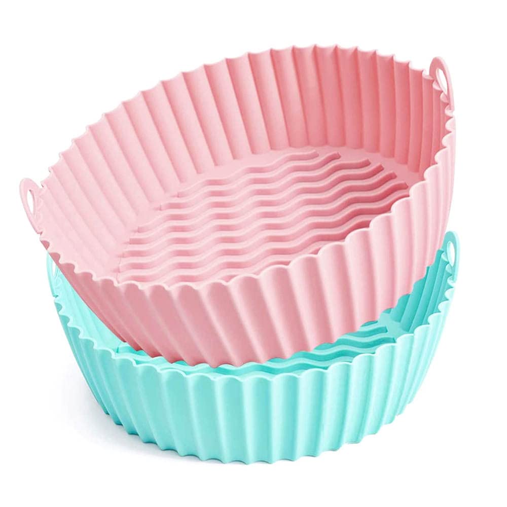 2-Pack Silicone Air Fryer Liner Reusable Air Fryer Silicone Basket Heat Resistant Easy Cleaning Air fryers Silicone Pot Round (8.5, Mint Green and Peach Pink)