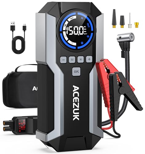Jump Starter with Air Compressor, 8000A 150PSI Car Jump Starter (All Gas/10.0L Diesel), 12V Battery Jump Starters, Portable Jumper Cables, LCD Display and LED Lights