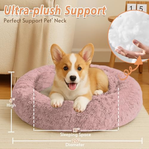 Image of JOLLYVOGUE Calming Small Dog & Cat Bed for Indoor Cats - 20 inches Washable Donut Bed for Kittens & Puppies, Anti-Anxiety Round Fluffy Plush Pet Beds (Fits up to 15 lbs, Dark Pink)