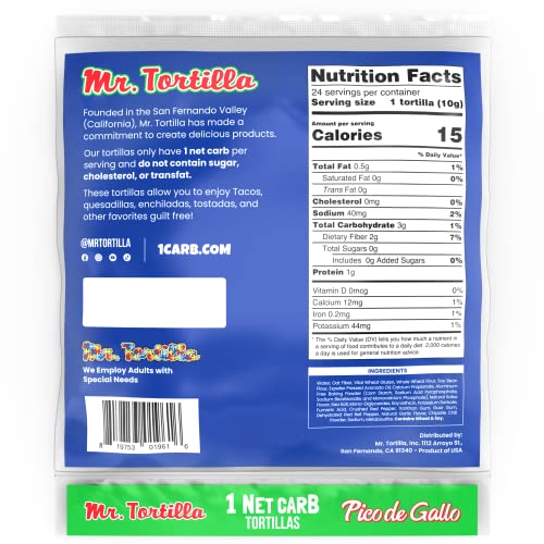 Mr. Tortilla Low Carb Keto Soft Taco Shells, Vegan Healthy Snacks & Bread Alternative, 1 Net Carb 15 Calories Delicious Small Batch Kosher Wraps -(Pico de Gallo, 96 Count)