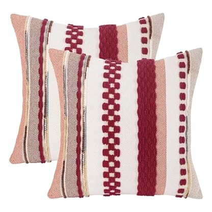 Tosleo 2er Set Kissenbezug Chenille 45x45cm Baumwollmischung Kissenhülle Sofakissen Streifen Dekokissen Boho Deko Kissenbezüge für Sofa Wohnzimmer Schlafzimmer Outdoor Kissen (Rot, 45 x 45 cm)