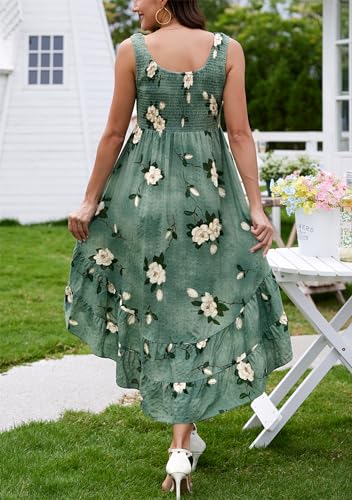 Image of Kormei Women's Casual Smocked Tank Dress Sleeveless High Low Flowy Summer Beach Tiered Loose Maxi Long Dresses L Green Floral
