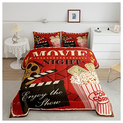 Erosebridal Conjunto de edredom de cinema vintage para crianças meninos e meninas, edredom de pipoca de cinema vermelho grunge com enchimento de edredom, filme noturno de filme impresso colcha Twin, filme bilhete de cinema conjunto de cama com 1 fronha