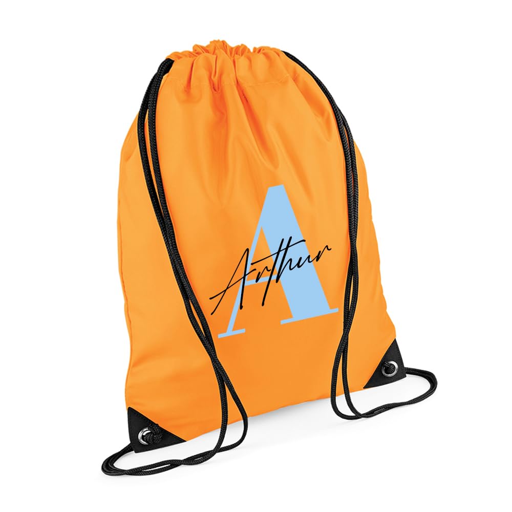 Getagift Personalised Initial with Name, Alphabet theme, Marble design, Drawstring Bag, PE Gym Kit Swimming, Sport Rucksack. (Fluorescent Orange)