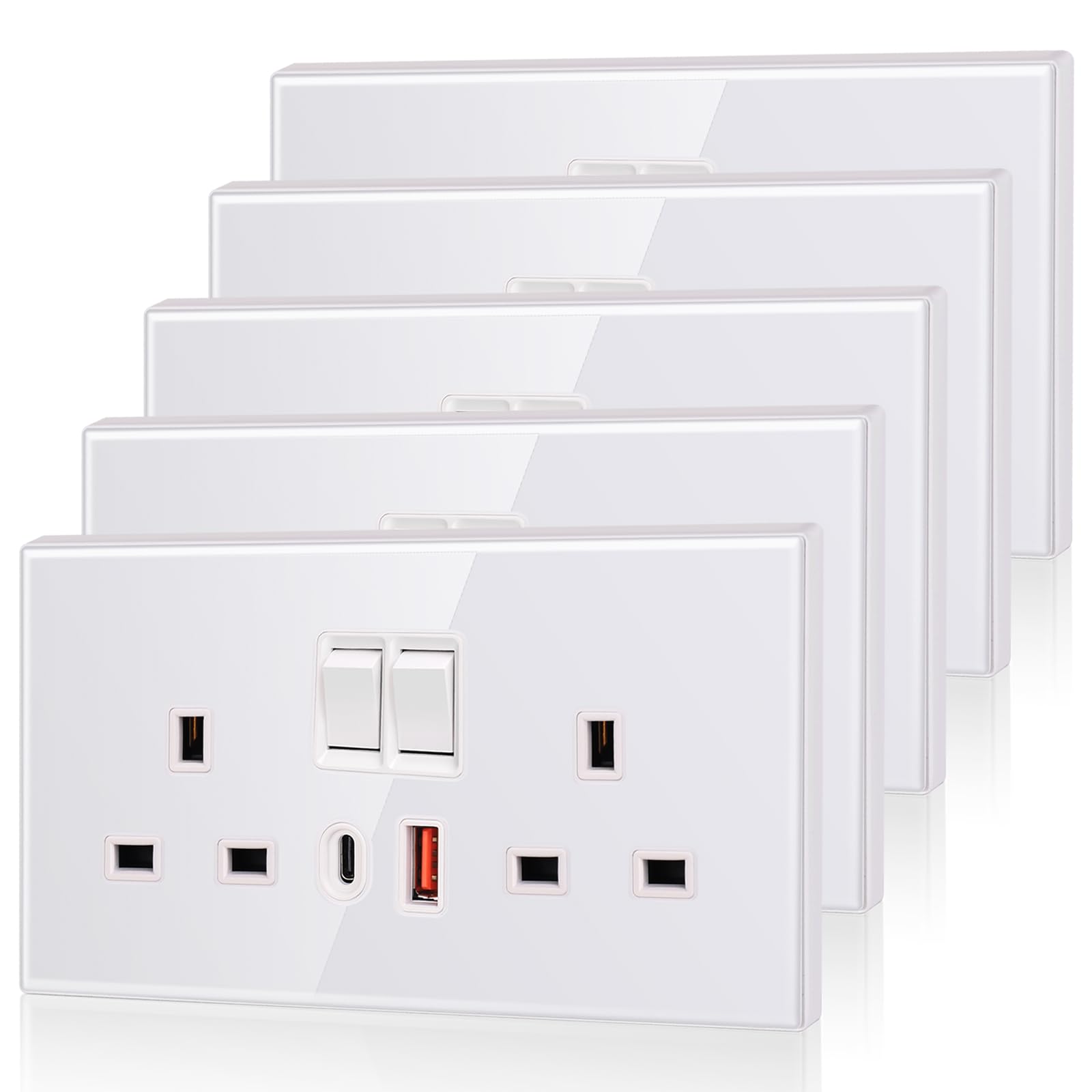 5 Pack CNBINGO USB Type C Glass Double Socket, 20W Max Fast Charging, Double Switched Socket with 20W PD USB C and A, 2 Gang Electric Power Socket, White Wall Outlet with Tempered Glass Panel