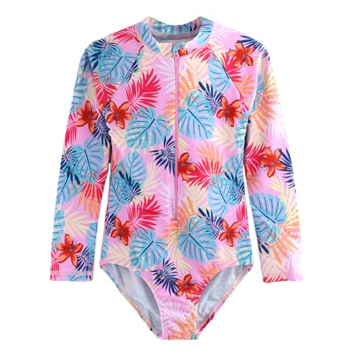Image of Kids Girls Rash Guard Long Sleeve One Piece Swimsuits Zipper Bathing Suits UPF 50+ Tropical Plant Flowers Ages 3-12