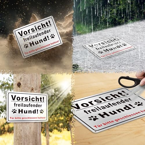 TAKULA Vorsicht Hund Schild 25 * 18cm, 'Freilaufender Hund' + Tür-Warnung, Hunde Warnschilder, Doppelmontage (Bohrung+Klebeband) | 1 Stück