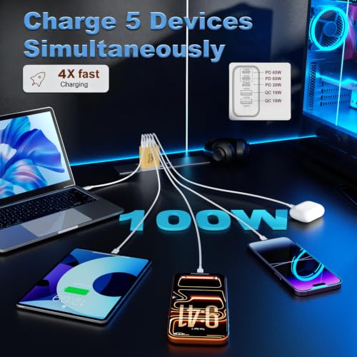 Image of USB C Charger Block, 2-Pack 100W 5-Port USB C Wall Charger iPhone Charger Fast Charging PD Power Adapter+QC Wall Plug Multiport Type C Brick Chargers for iPhone 17 16 15 14 13 Pro Max,Samsung,MacBook