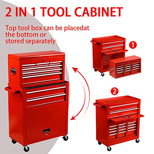 INTERGREAT Rolling Tools Chest with Drawers Tools Storage Chest for Garage Toolbox Chest on Wheels 8-Drawer Tool Storage Cabinet Steel Red