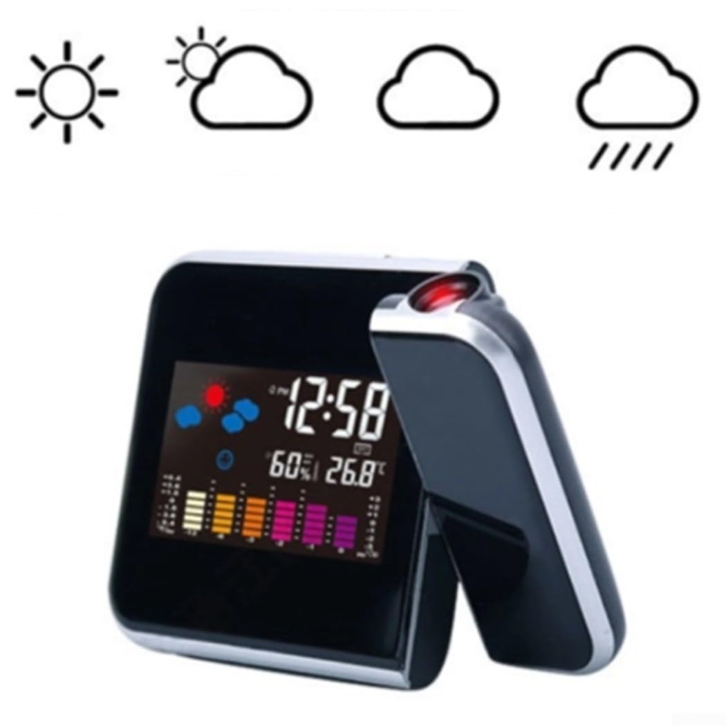 Sveglia a Proiezione con Display LED, Termometro Meteo, Schermo LCD, Funzione Snooze, Porta USB (Nero)
