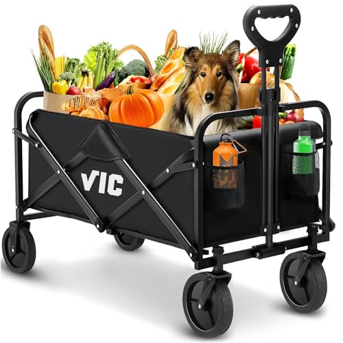 Image of VIC Collapsible Folding Wagon, Beach Wagon Cart Heavy Duty 400LBs Foldable, Utility Grocery Wagon with Side Pocket for Camping Garden Sports, L4