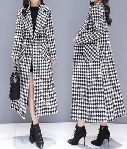 chouyatou Women's Houndstooth Notched Collar Double Breasted Overcoat Plaid Wool Blend Long Trench Coat4