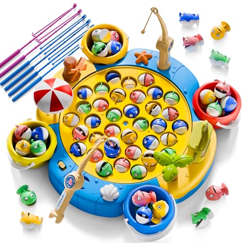 ORANGE OCEAN 66 PCS Magnetic Fishing Game for Kids Toddlers Boys Ages 3-5 4-6, Kid Magnetic Fishing Toys with 360° Rotation & Sound, Birthday Toys Gifts for 3 4 5 6 Year Old Boys Kids, 1-8 Players
