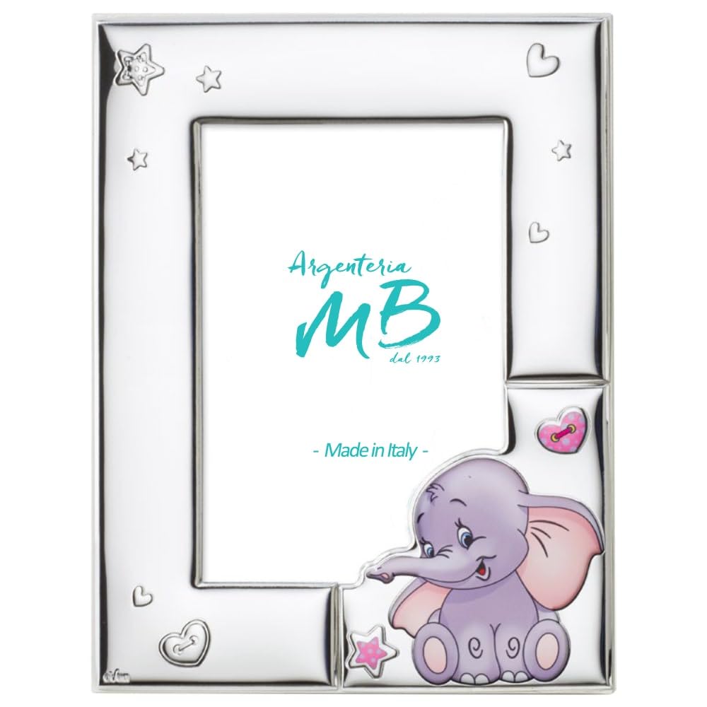 Cornice 13x18 Portafoto per la Nascita di Una Bambino o di Una Bambina Personalizzabile con Incisione del Nome, della Data o di Una Dedica, Realizzato in Argento PVD con Elefantino Rosa