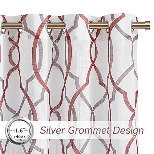 Pony Dance Bedroom Curtains 63 Inches Length, Moroccan Tile Glam Curtains, Sheer Drapes Grommet Top For Living Room/Patio / Dining Room, Red & Grey, Set Of 2 #TOP2