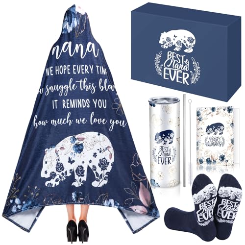 HunnmingRe 5 Pcs Nana Gifts Box Set for Grandma Birthday, Blue Bear Wearable Blanket Hoodie Tumbler Greeting Card Socks Appreciate Gifts from Granddaughter Grandson Grandchildren Grandkids for Her