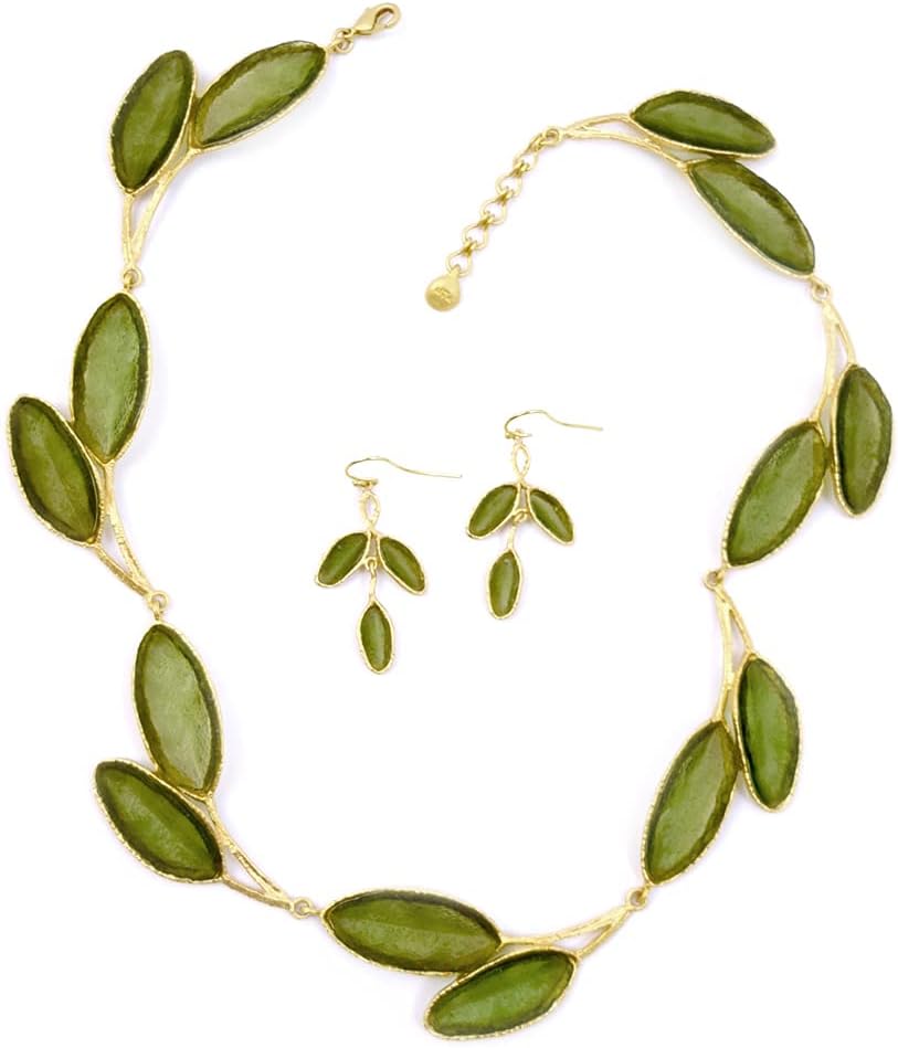 Cast Artisan Glass & Gold-Plated Green Sage Leaf Necklace + Earrings Set, American Made