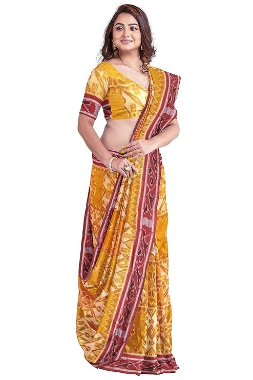 Image of Ikat Women's Cotton Saree, Handmade Pure Cotton Khandua Saree, Ikkat Orissa Traditional Handloom Saree without Blouse
