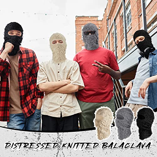 Newcotte 3 Pcs Distressed Balaclava Full Face Ski Mask Cool Knitted Balaclava Windproof Ski Mask For Men Women Cold Weather (Black, Beige, Gray) #TOP5