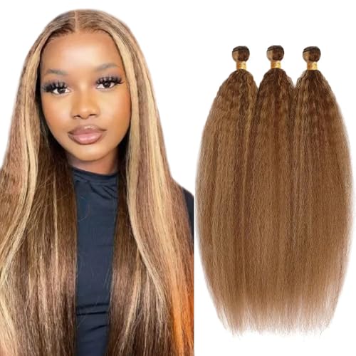P4/27 Human Hair Bundles Blonde Yaki Straight Bundles 26 28 30 Inch P4/27 Yaki Straight Human Hair 3 Bundles Brazilian Virgin 2 Tone Brown and Honey Blonde Bundless Human Hair Extensions